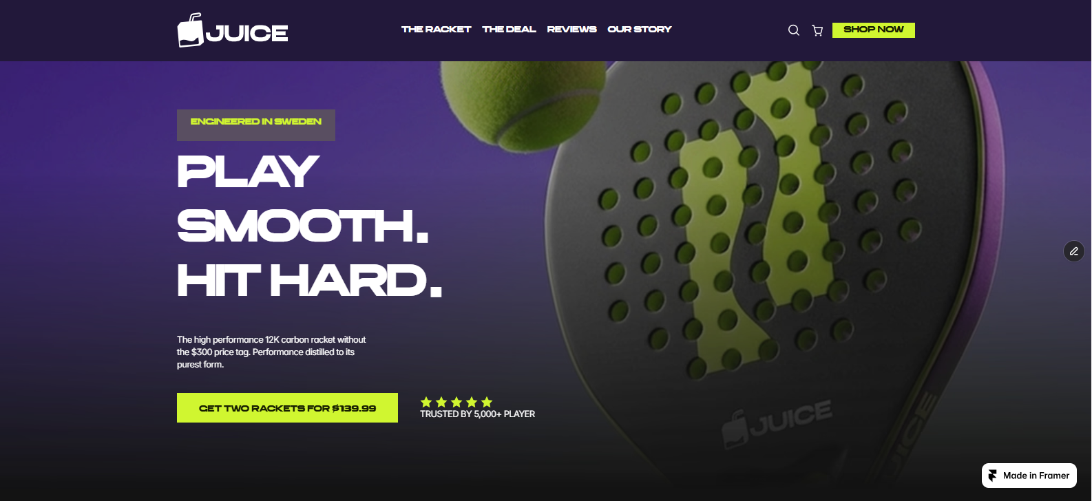 JUICE Framer padel racket e-commerce landing page built by Otolorin Jubril