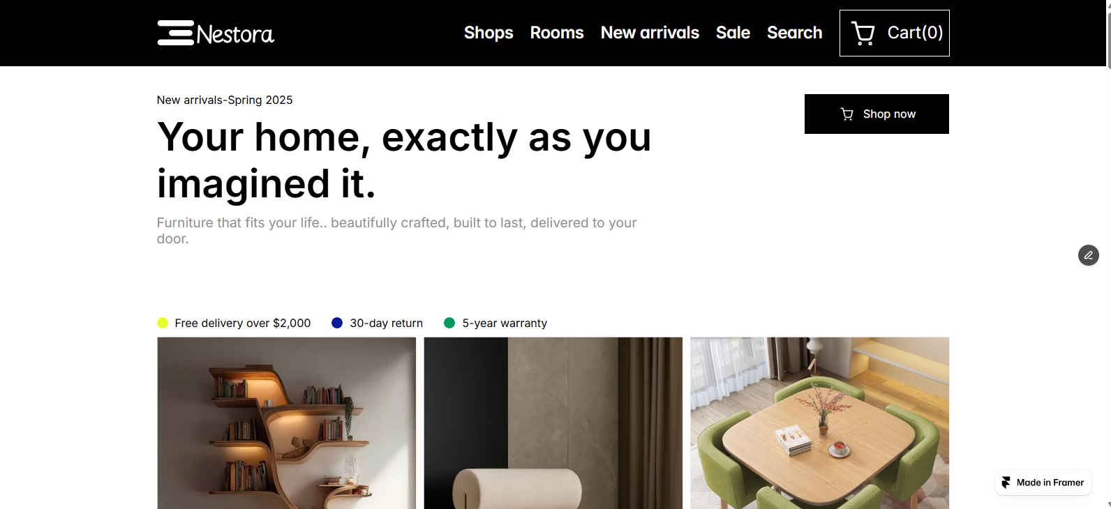 Nestora Framer modern furniture landing page built by Otolorin Jubril